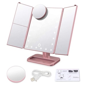 22 LED Lighted Vanity Makeup Tri-Fold with 1X 2X 3X Magnifiers 180 Degree Free Rotation Countertop Bathroom Cosmetic Mirror