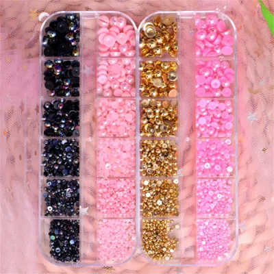 Nail Art Pearl Ornament Flat Bottom Semicircle Boxed Full Set of Non-Porous Mixed Japanese Three-Dimensional Nail Diamond Patch