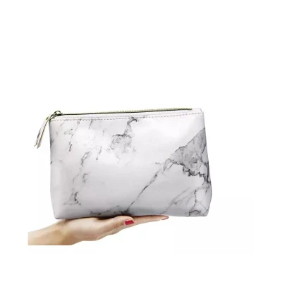 Women Travel Makeup Case Organizer Pouch, PU Leather Waterproof Marble Cosmetic Bag and Women Handbag