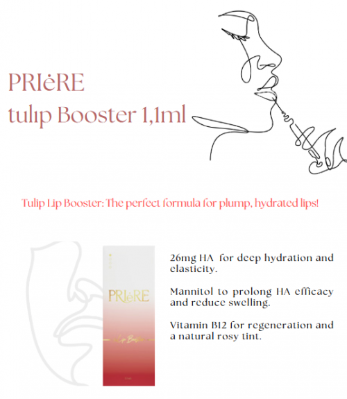 Priere Tulip Lip Filler and Priere Tulip Lip Booster  – Hyaluronic Acid Filler with Lidocaine (for more information, contact amina@aruda.net)